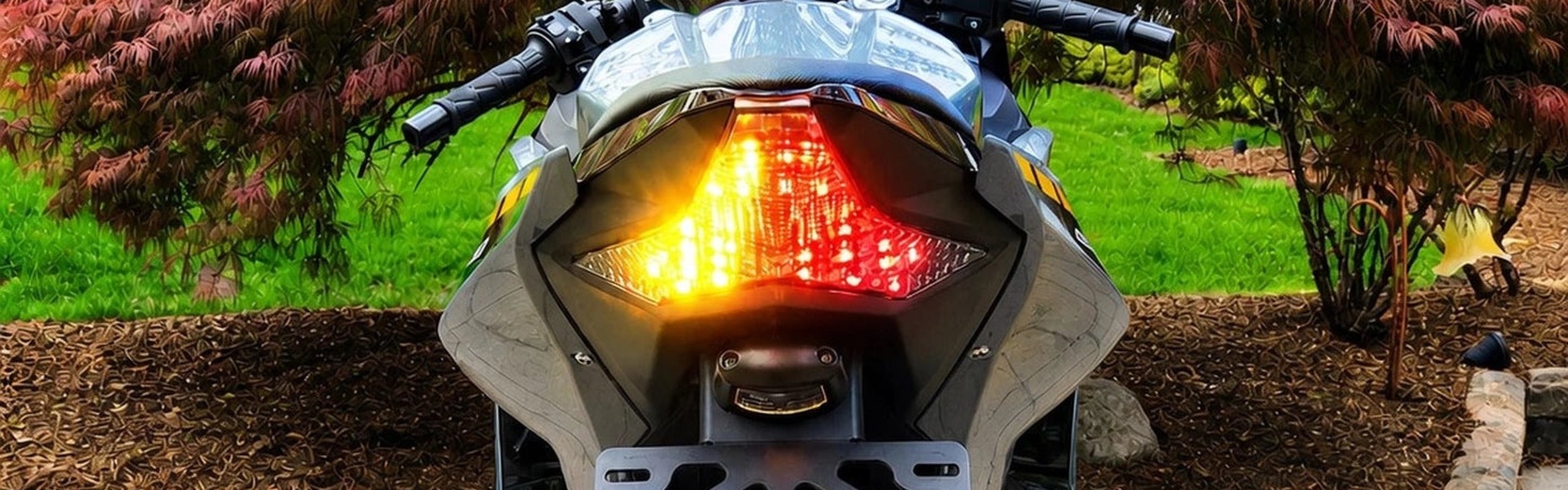 Blaster-X integrated LED tail light with amber turn signals lit on a sport motorcycle