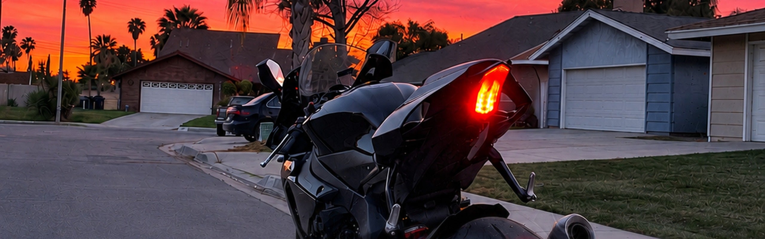 Black Yamaha R1 at sunset with its integrated LED tail light lit